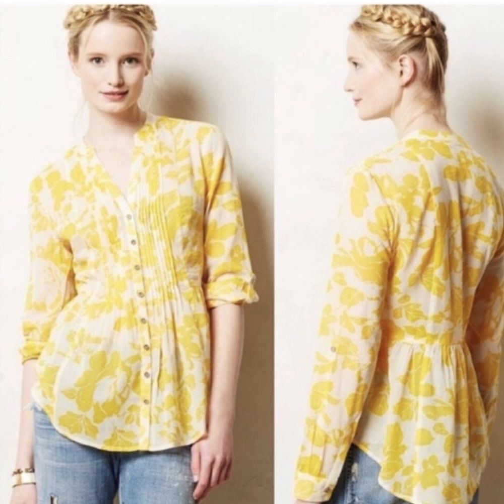 Anthropologie Maeve yellow floral pintuck size 4